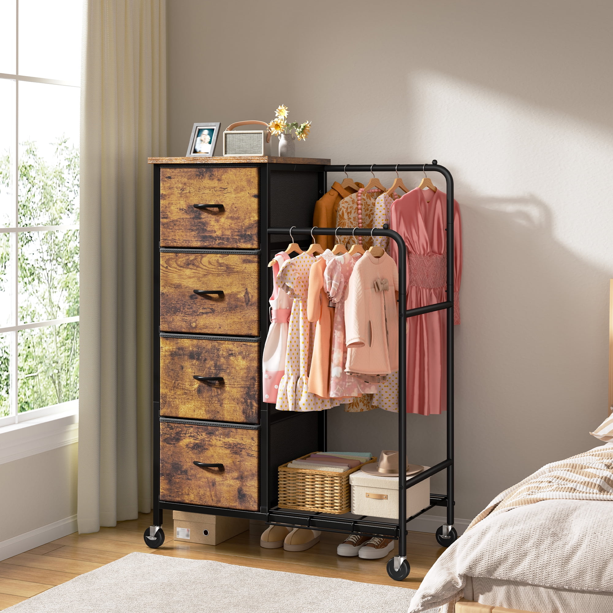 EnHomee Fabric Dresser with 2 Hanging Racks Small Dresser with 4 Drawers for bedroom Small Closet with Clothes Rack, Rustic Brown