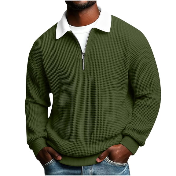 MELDVDIB Mens Textured Knit T-Shirts Half-Zip Lapel Solid Color Drop Shoulder Oversized Long Sleeve Shirts Spring Fall Fashion Casual Light Weight Pullover Tops