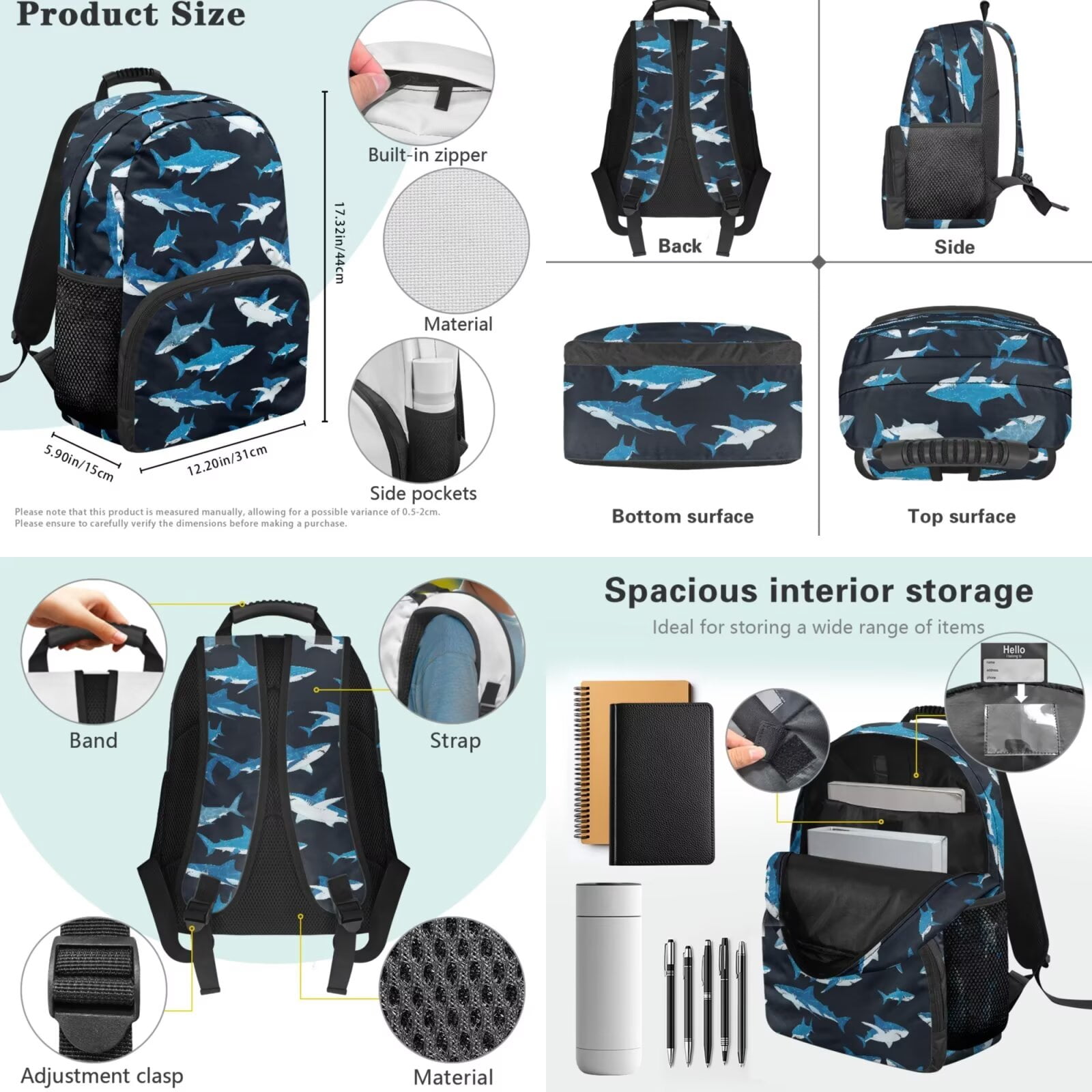 Pzuqiu Shark Print Cute Back Pack Backpacks for Boys with Lunch Box Pencil Bag Water Bottle Holder 17 Inch School Backpack for Boy 4 Pcs Daypack Travel Bag for Kids 8-12