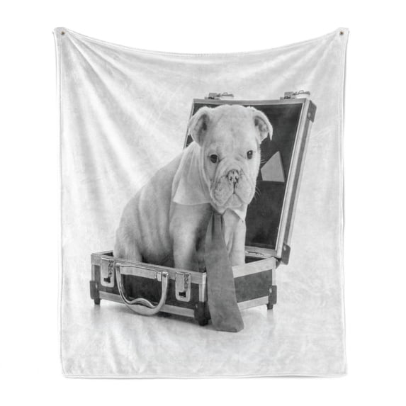 English Bulldog Soft Flannel Fleece Throw Blanket, Tie Wearing Puppy Sitting Inside a Briefcase Greyscale Illustration, Cozy Plush for Indoor and Outdoor Use, 50" x 70", Grey Pale Grey, by Ambesonne