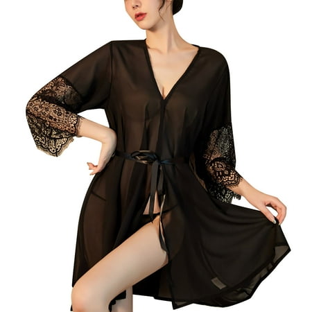 DuoJiaJ Woman Lingerie Sleepwear Chemise Nightgown Lace Dress Lingerie Plus Size Satin Pajamas Women Black