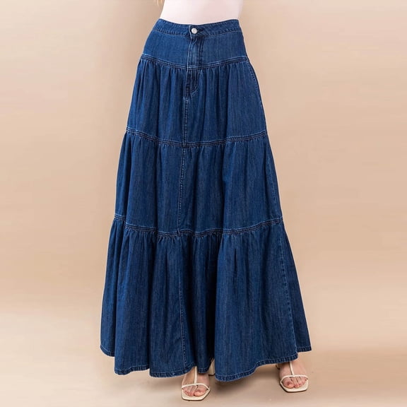 PBFRDSJ Vintage Denim Skirts for Women High Waisted Button Front Flared Skirts Pleated Flowy Swing A-line Jean Maxi Skirts