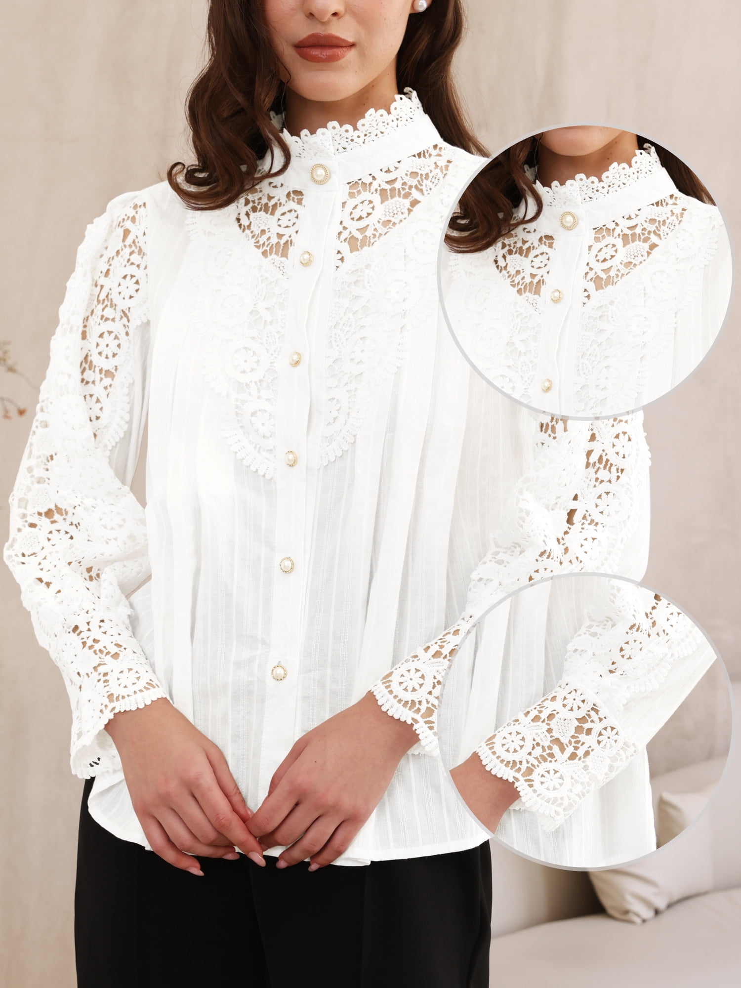 DARING DIVA Women's Lace Trim Top Victorian Long Sleeve Button Down Blouse 2XL White