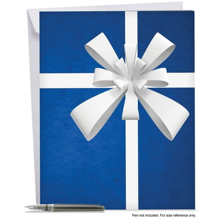J1768AXTG Jumbo Merry Christmas Card: 'Beribboned In Blue Thank You' Feature Blue Ribbon Gifts, Greeting Card with Envelope by The Best Card