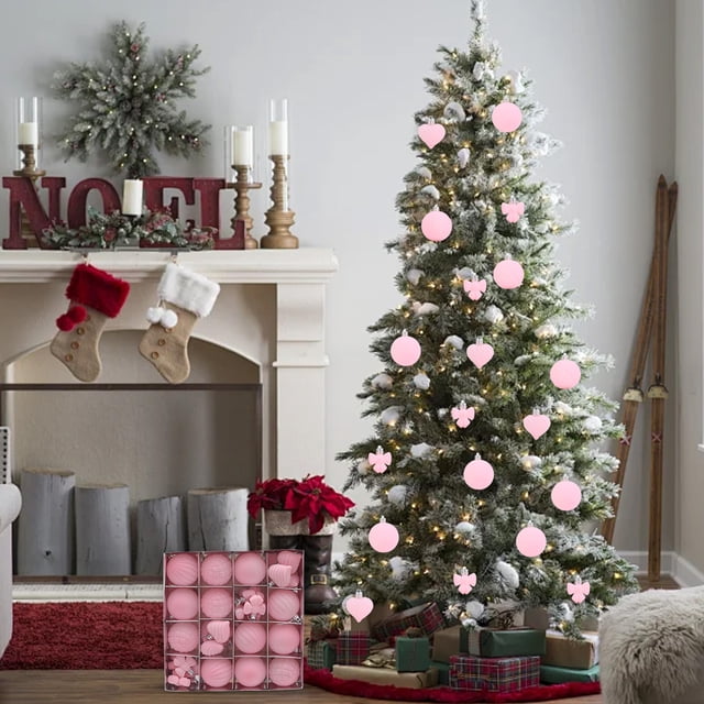 Juego de adornos navideños Paquete de 32 bolas flocadas de 6cm | Adornos decorativos de plástico rosa y blanco para árboles de vacaciones | Elegante acabado de terciopelo, diseño ligero duradero,