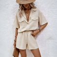 thumbnail image 2 of JULMCOMO Two Piece Sets for Women Deep V Neck Loose Fit Button Down Shirts Short Sleeve Wide Leg Summer Travel Lounge Sets Beige L, 2 of 7