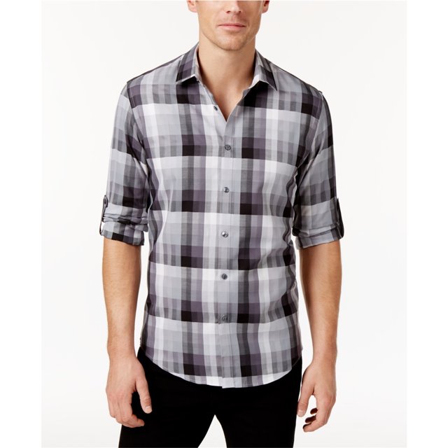 Alfani Owen - Camisa con botones a cuadros para hombre, color negro, XL