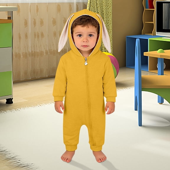 UACY Baby Cute Bunny Ear Onesie Jumpsuit Fuzzy Warm Fleece Sherpa Bed Romper Animal Zip up Furry Warm Fall Winter Outfit (Yellow, 0-3 Months)