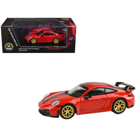 2025 Porsche 911 GT3 (992.2) Guards Red with Carbon Stripe and Gold Wheels 1/64 Diecast Model Car by Paragon