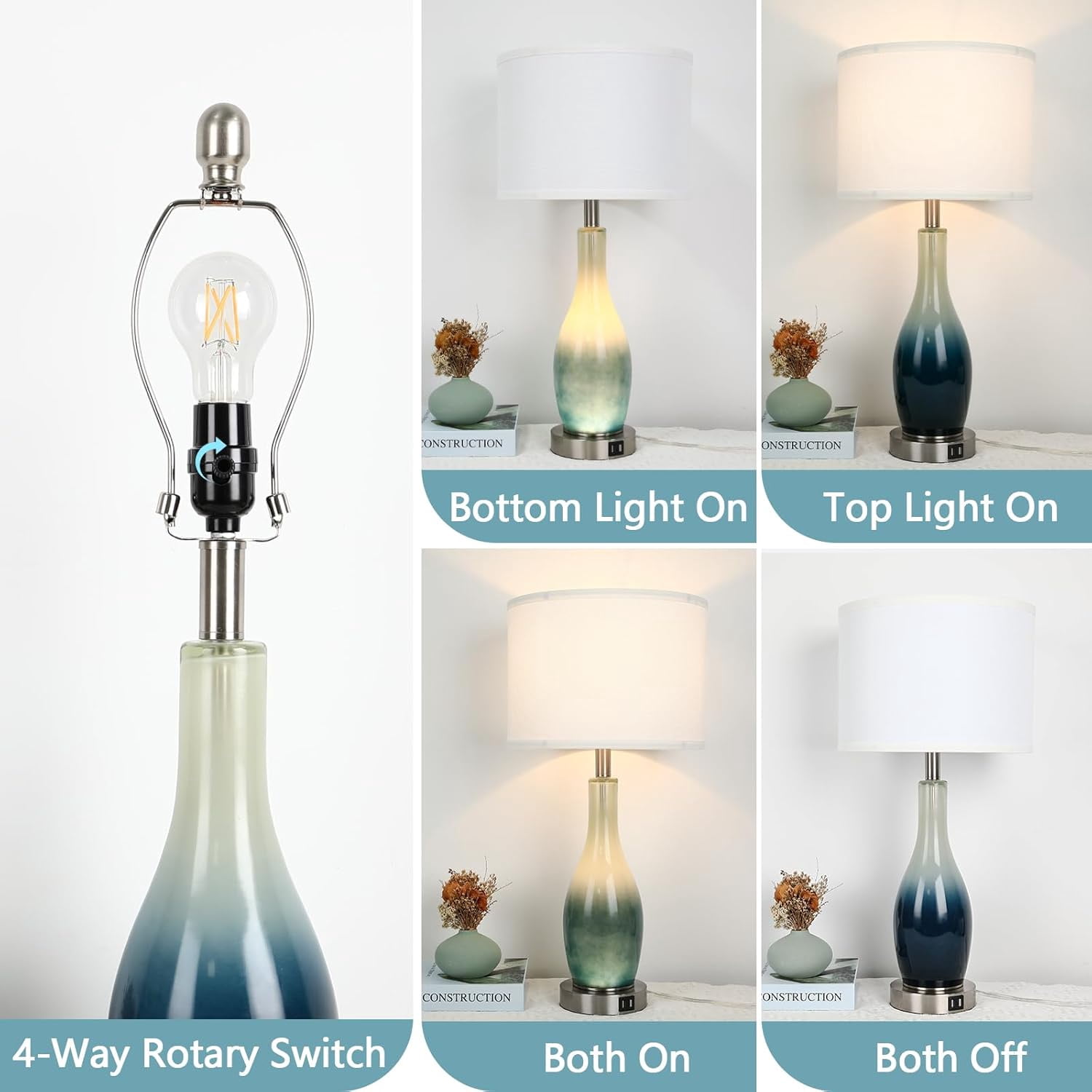 Nordic Hygge 26in Tall Glass Table Lamps Set of 2 with 2 USB Charging Ports & LED Nightlight