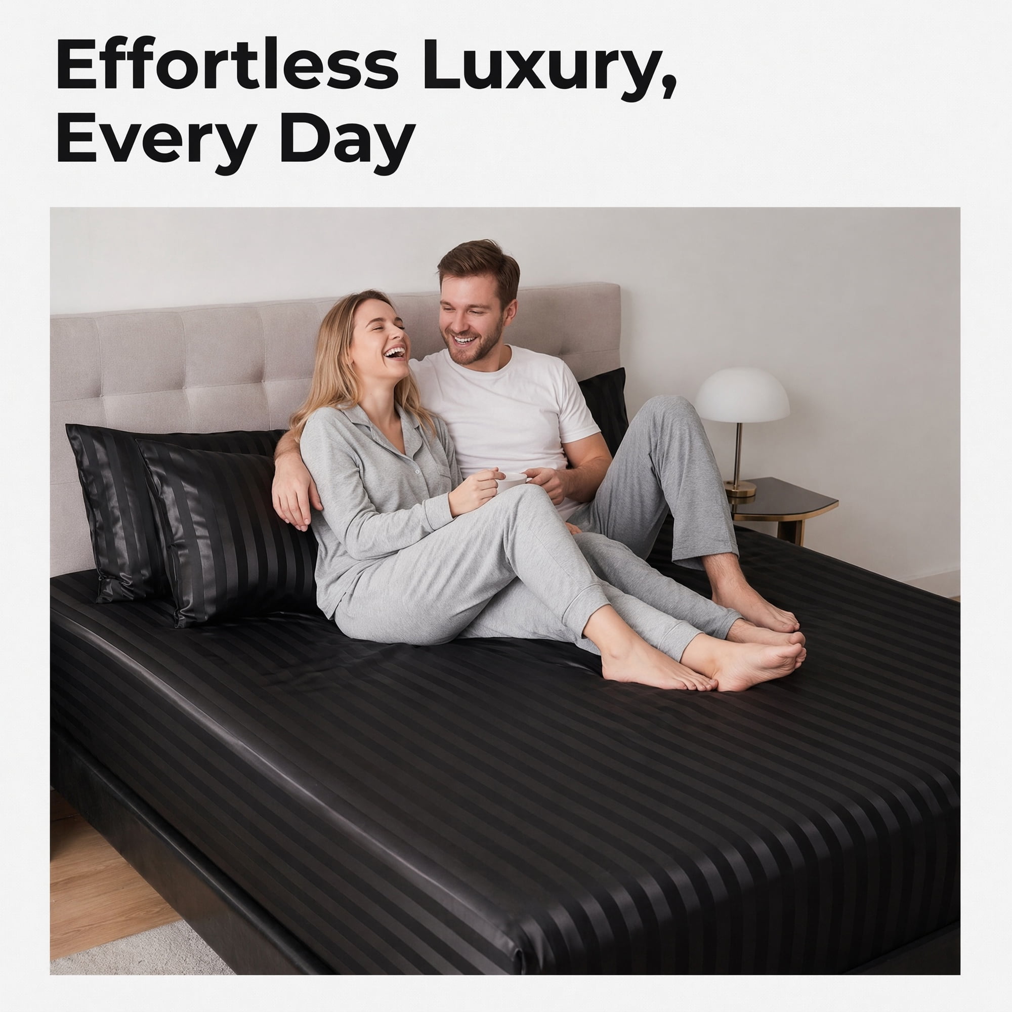 Unique Bargains Fitted Polyester Satin Strip Bed Sheets Wear Resistant 78.0"x79.9" Black