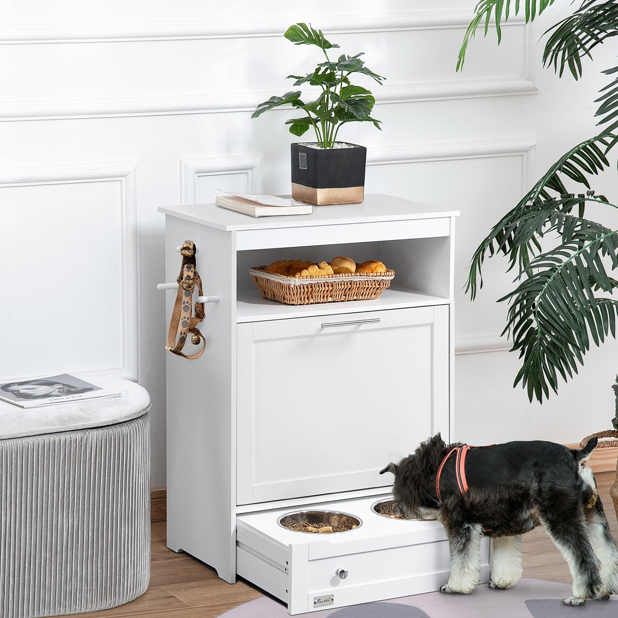 Dog Bed PawHut Pet Feeder Station Storage Cabinet, Dog Food Storage Container with Dog Raised Bowls and Hanger for Feeding & Watering Supplies, White,Large Dog Bed