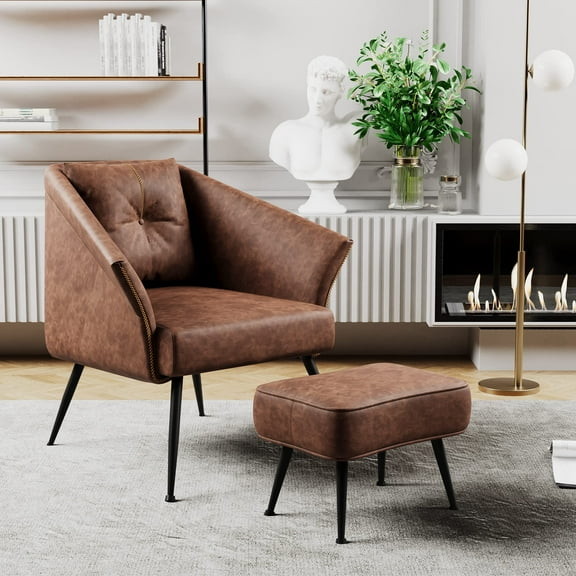 Accent Chairs with Ottoman Mid Century Comfy Modern Arm Chair for Living Room Bedroom Reading Leather Chair