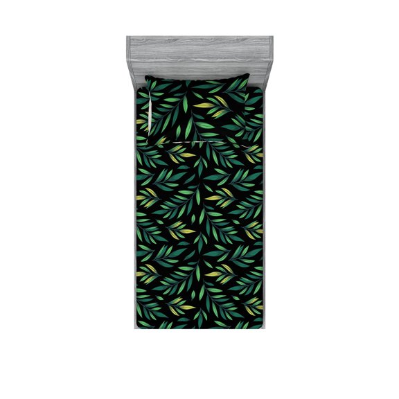 Leaves Greenery Fitted Sheet & Pillow Sham Set, Simple Design Leafy Pattern on Darkened Back Bohemian Jungle, Decorative Printed 2 Piece Bedding Decor, Twin, Fern Green Charcoal Grey, by Ambesonne