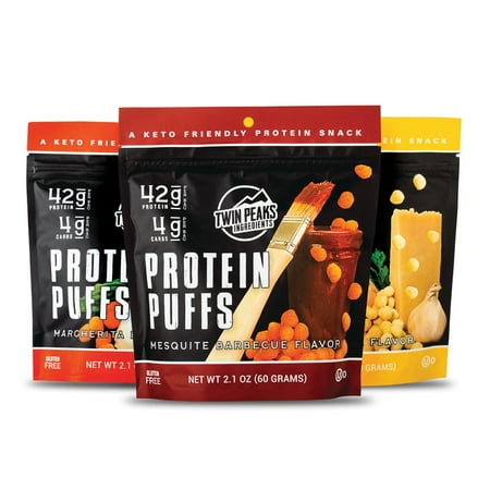 Twin Peaks Ingredients Protein Puffs, Low Carb Keto Friendly Protein Snacks, Garlic Parmesan, Mesquite Barbecue, Margherita Pizza (2.1 ounce, 3 Pack)