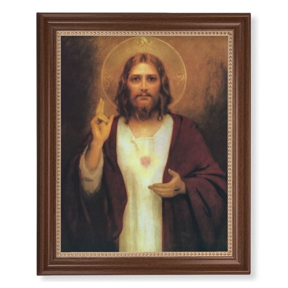 Sacred Heart of Jesus Picture Framed Wall Art Decor, Extra Large, Classic Dark Walnut Finished Frame with Gold Beaded Lip