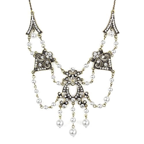 Victorian Style Crystal Pearl Drop Statement Necklace - Vintage Inspired Wedding Jewelry Necklace Gold