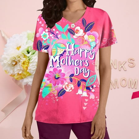 

SELONE Scrub Tops for Women Plus Size Short Sleeve Tops Mothers Day Blouses Regular Fit T Shirts Pullover Tees Tops Abstract Print T-Shirts V Neck Tops Blouses With Pockets T Shirts Hot Pink XL