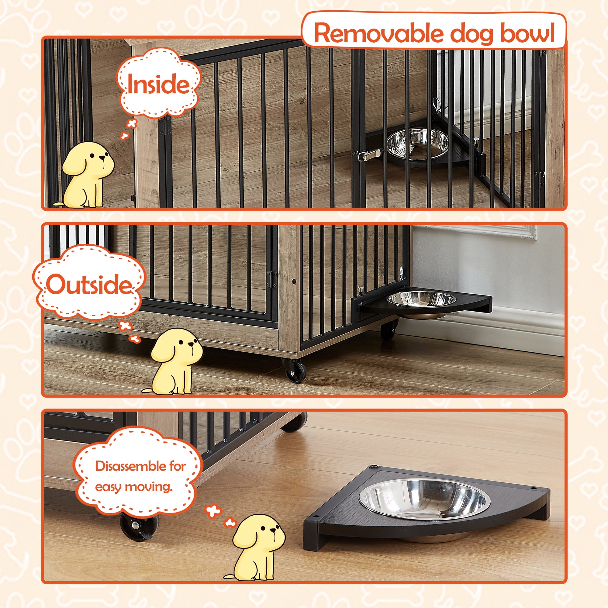 Pefilos 38" Furniture Style Dog Crate with Rotatable Feeding Bowl, Wheels, Three Doors Kennel, Indoor Dog Cage Flip-Up Top Opening, Gray Pefilos 38" Furniture Style Dog Crate with Rotatable Feeding Bowl, Wheels, Three Doors Kennel, Indoor Dog Cage Flip-Up Top Opening, Gray