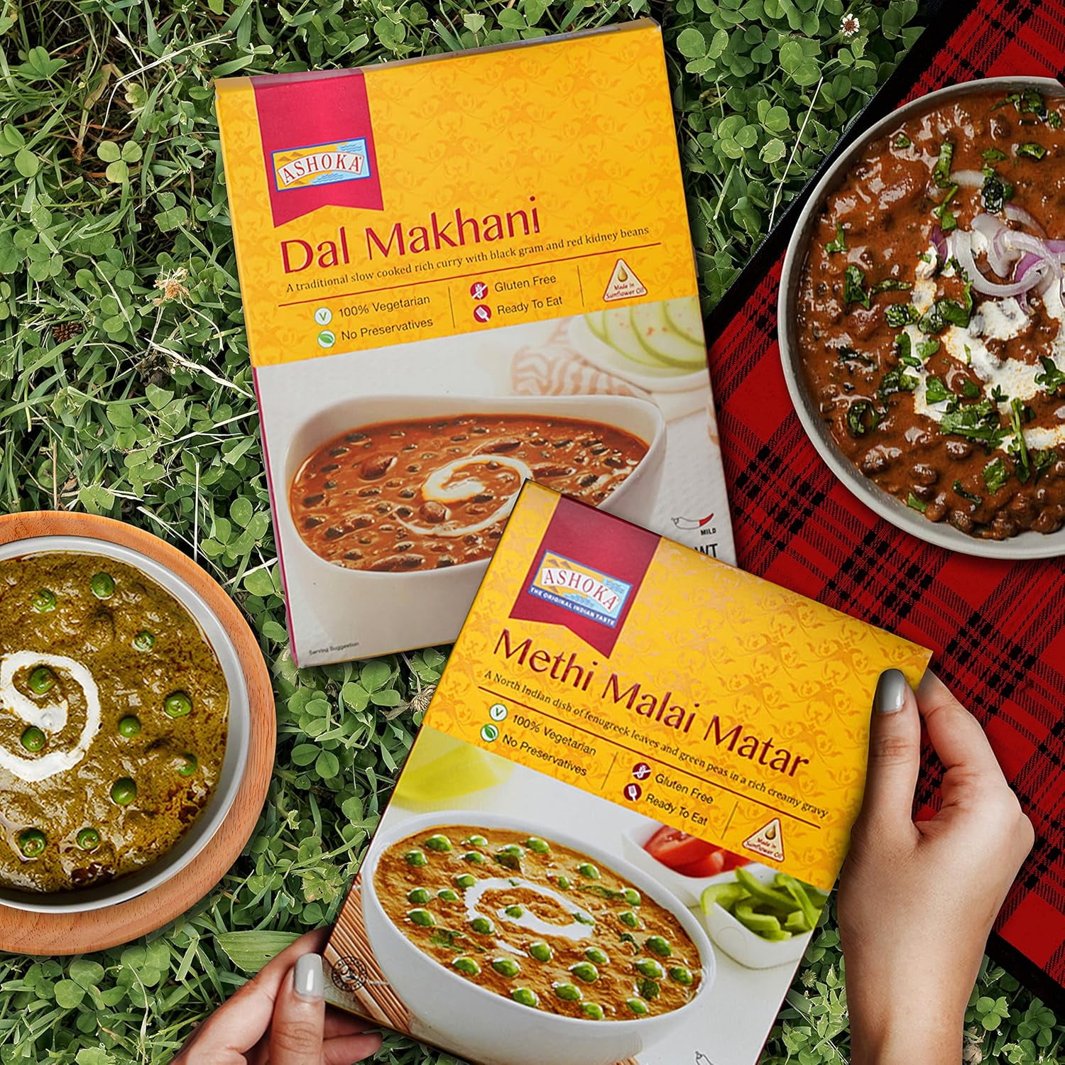 Ashoka Microwaveable Entrees 1932, Vegetarian Sampler Kit, Heat & Serve Meal Pack, Kosher Certified Variety Pack, Authentic Indian Cuisine, Instant Meals, Gluten-Free with No Preservatives, Pack of 6