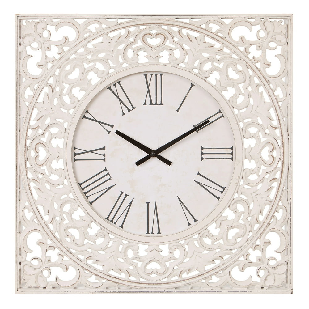 Patton Wall Decor Distressed White Ornate Wood Carved Wall Clock, 24