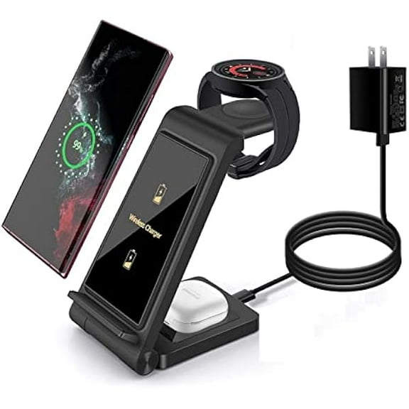FU19993 in 1 Wireless Charger Fast Wireless Charging Stand Station Foldable for Samsung Galaxy S24 Ultra/S23 /S22/S21/S20/S10/S9, Galaxy Watch6/6 Classic/5 LTE/4/3,Active 2/1, Galaxy Buds (Black)