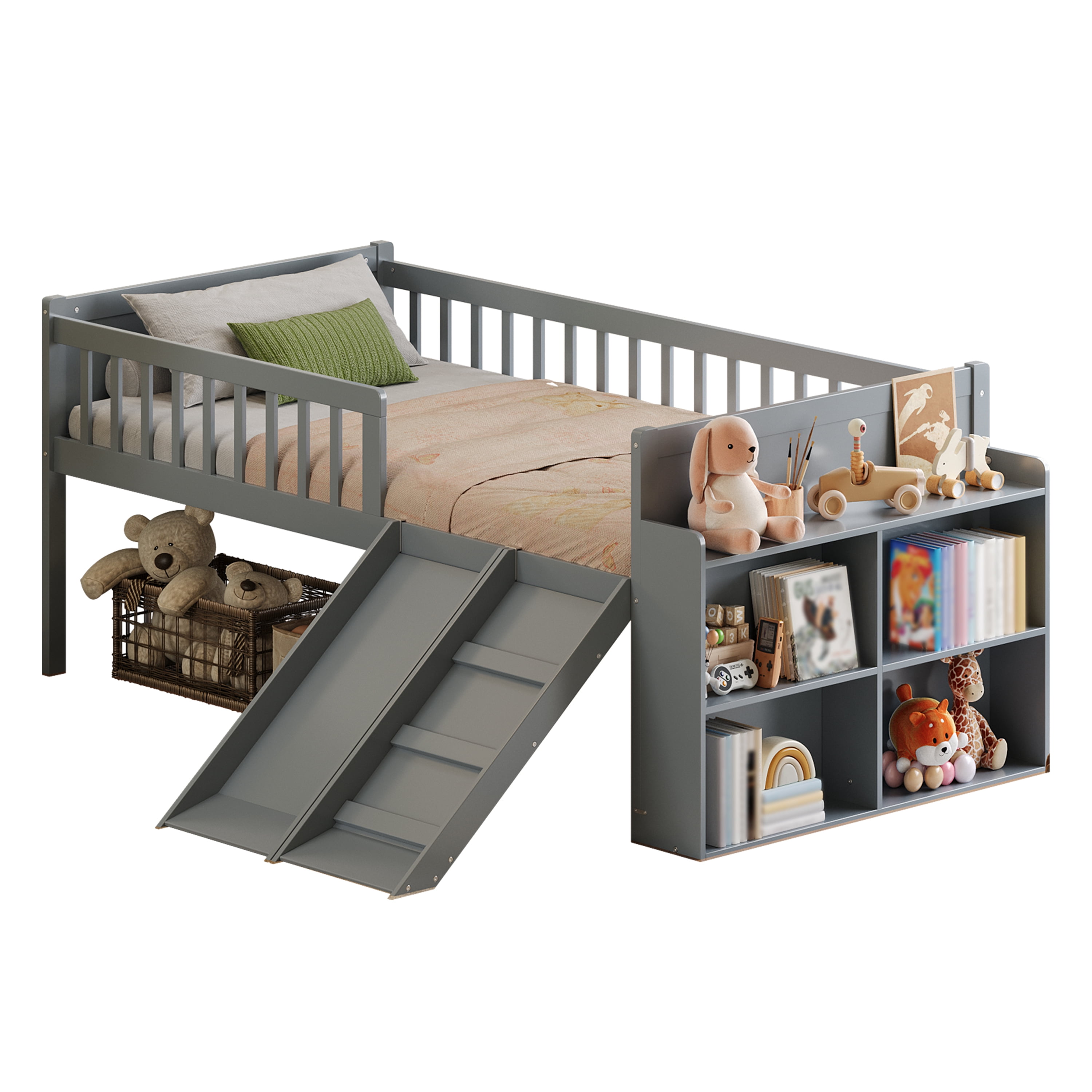 Euroco Wood Twin Size Loft Bed with Slide, Storage Bed with Guardrail ans Shelves, Gray