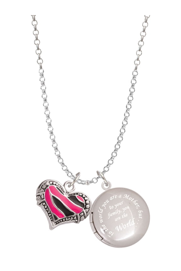 Silvertone Hot Pink Tiger Print Heart To the World You are a Mother Locket Necklace