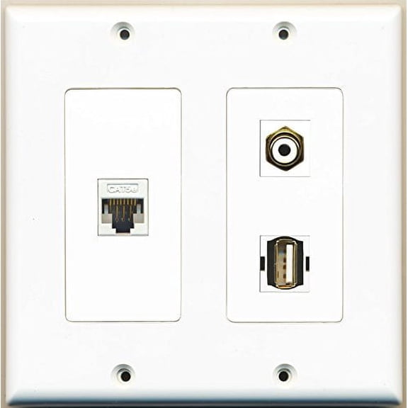 RiteAV - 1 Port RCA White 1 Port USB A-A 1 Port Cat5e Ethernet White - 2 Gang Wall Plate