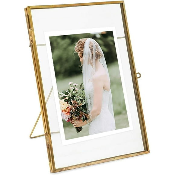 shiyou-Gold Picture Frame - 4x6 Antique Brass Postcard Picture Frame for Desk - Small Pressed Glass Frame for Pressed Flowers - Floating Vertical… (Gold, 5x7 inches)