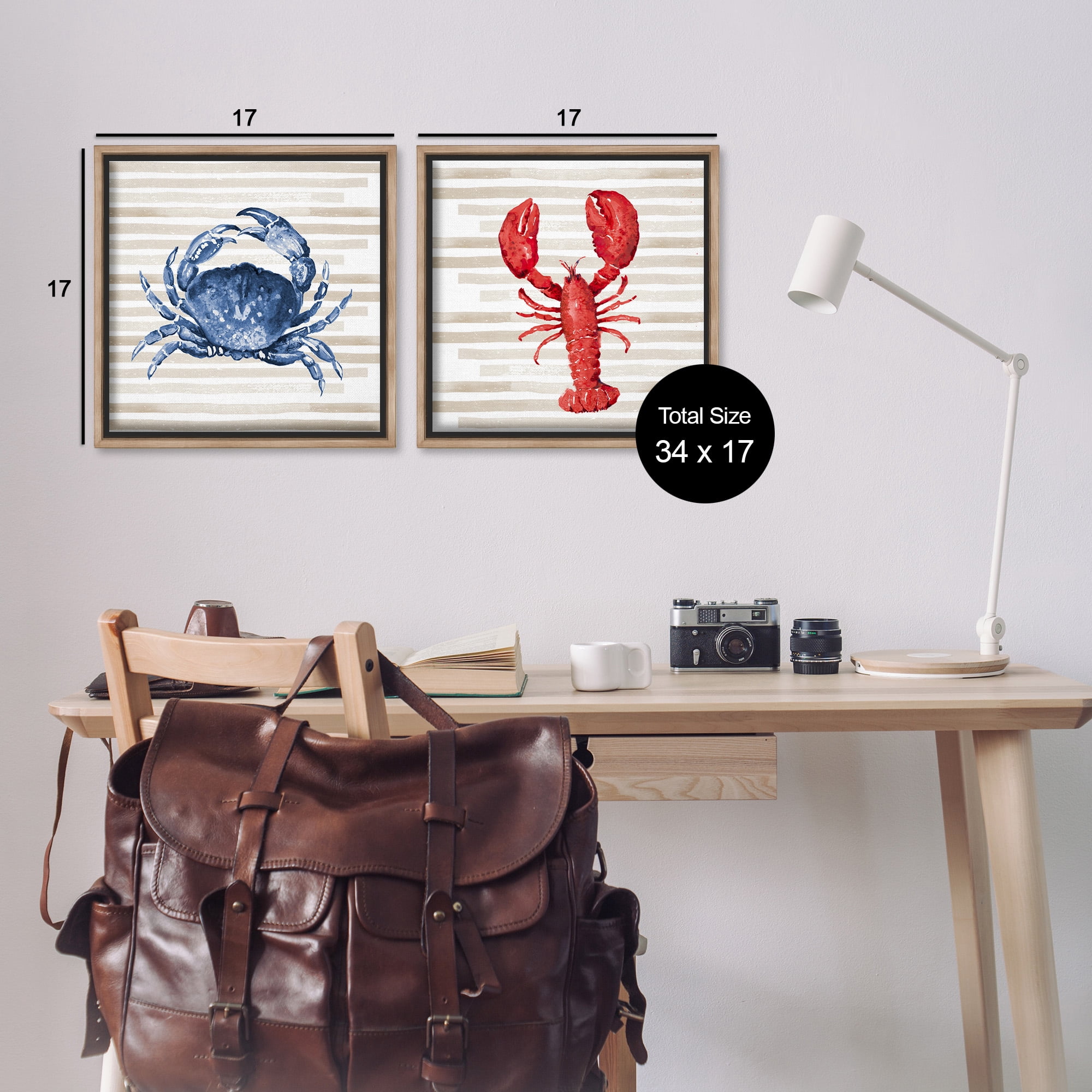Stupell Industries Nautical Crab & Lobster Beige Stripes Animals & Insects Painting Brown Floater Framed Canvas Art Print Wall Art, 18 x 18, Set of 2
