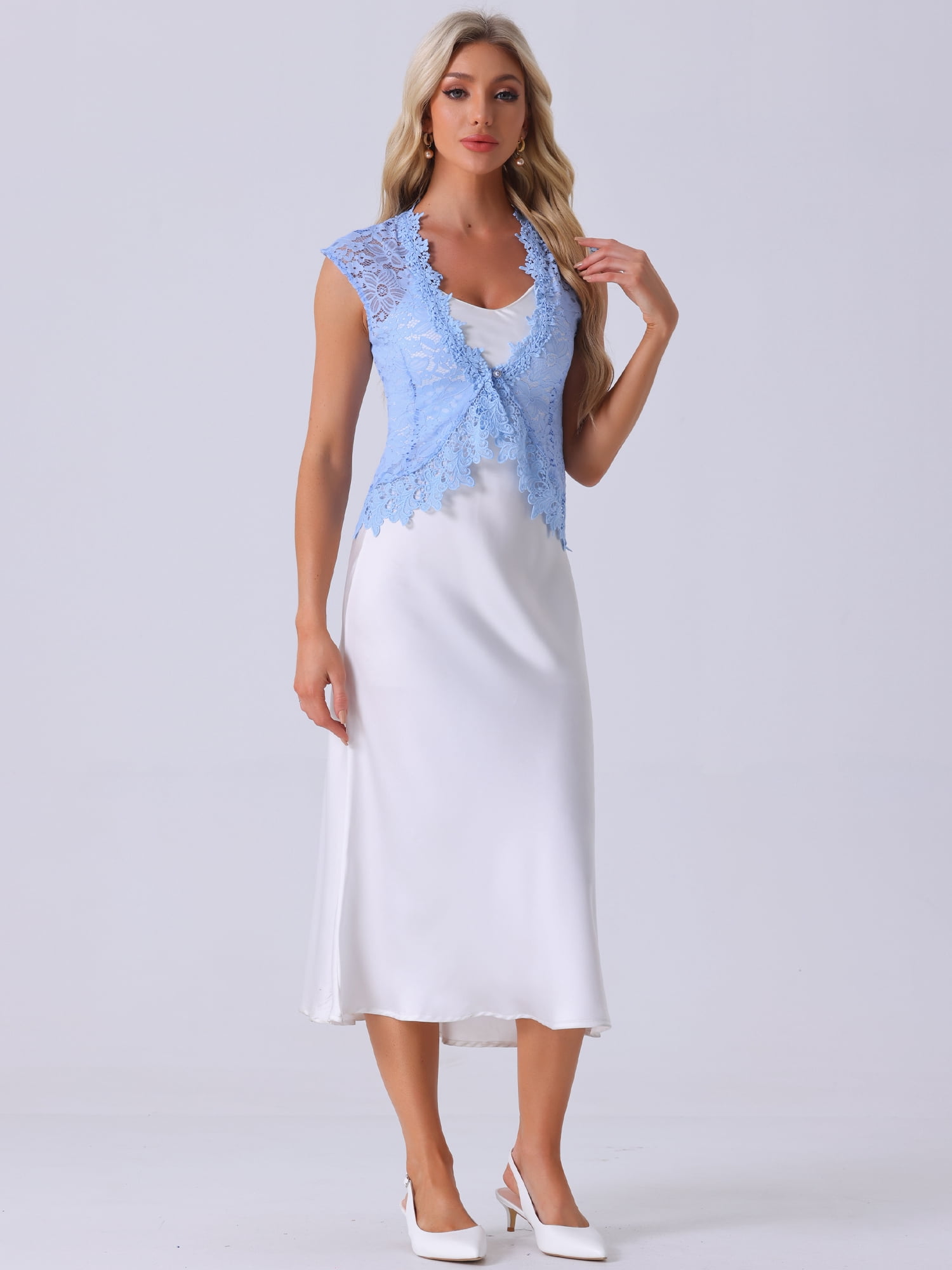 DARING DIVA Women's Lace Cap Sleeves Cardigan Floral Shrug S Sky Blue
