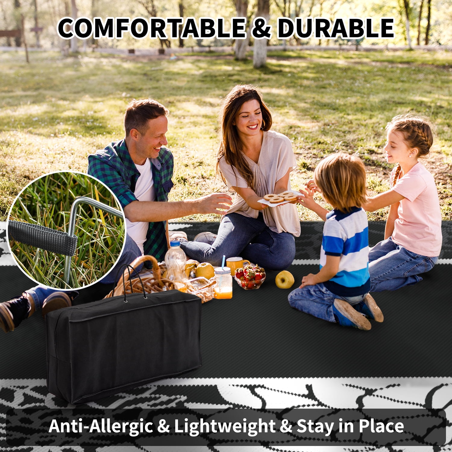 SIXHOME Outdoor Rug 6'x9' Waterproof Reversible Patio Rug Floral Border Plastic Straw Indoor Outdoor Rug for RV Camping Garden Picnic Beach Deck Backyard Porch Decor Dark Grey and White