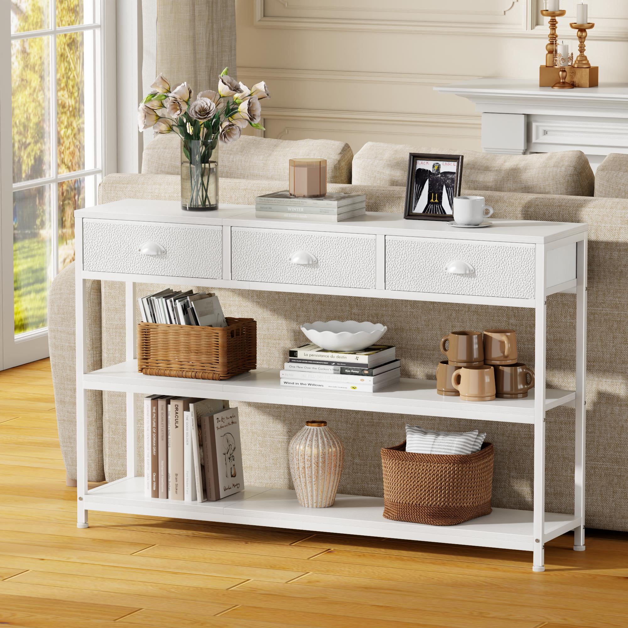 Satifur 47" Entryway Table with 3 Fabric Drawers, Console Table Metal Frame Sofa Table with 2 Shelves for Living Room and Hallway, White