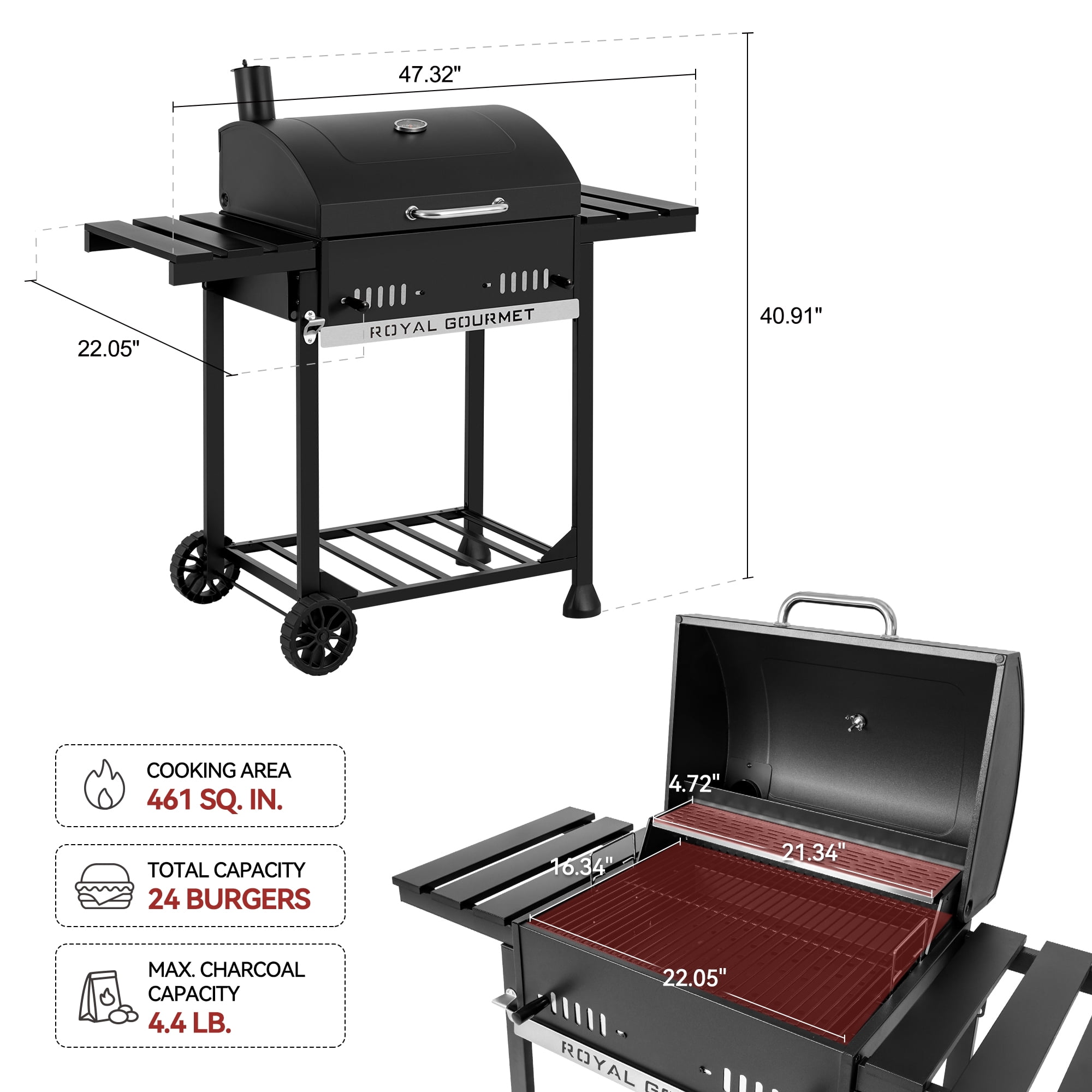 Royal Gourmet CD1824ET 24-Inch Movable Charcoal BBQ Grill with Foldable Side Shelves, Temperature-Controlled