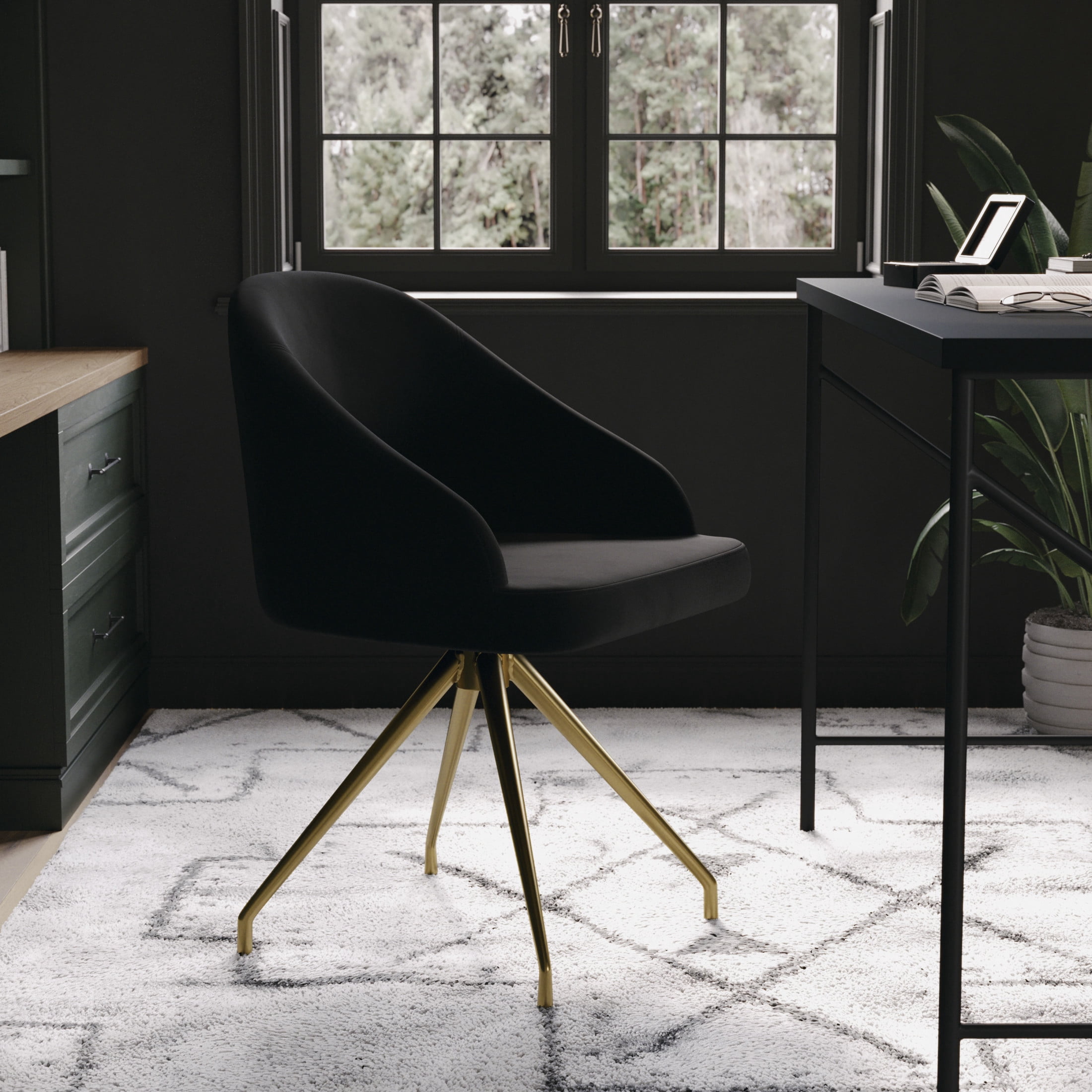 Martha Stewart Sora Upholstered Stationary Office Chair in Black/Polished Brass