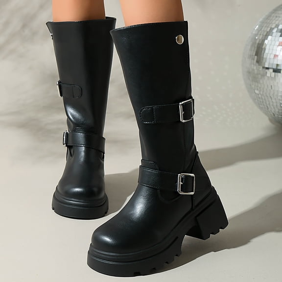 Knee High Boots for Women Adjustable Buckles Chunky Low Heel Fashion Lug Sole Motorcycle Boot Black 5.5
