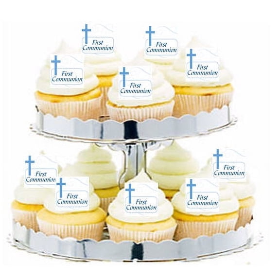 24pk First Communion Blue Cross Edible Cupcake Decoration Toppers / Picks