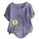 thumbnail image 2 of ICHUANYI Clearance Women's Short Sleeved Casual Plus Size Round Neck Flower Printed Loose Button Cotton Linen Top(Purple, M) ICHUANYI WER2023080802802, 2 of 5