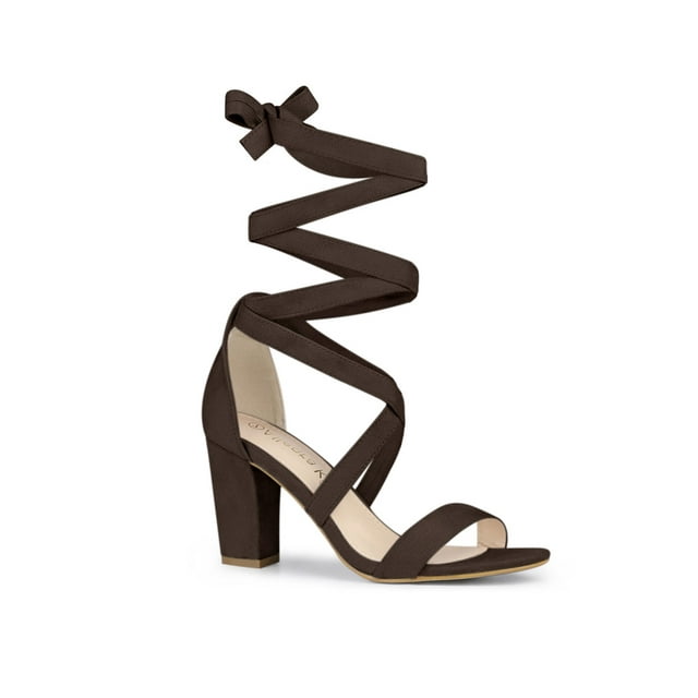 BLISSFUL STEP Women's Sandals Solid Color Mid Block Heels Lace up Sandals Coffee 9.5