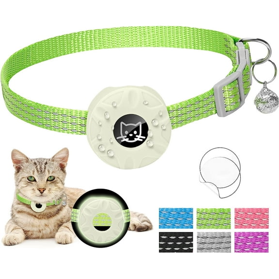 Airtag Cat Collar, Reflective Airtag Cat Collar with Bell and Waterproof Airtag Holder Case Compatible with Apple Airtag, Adjustable Breakaway Collars for Cat Dog Kitten Puppy (green3, Striped)
