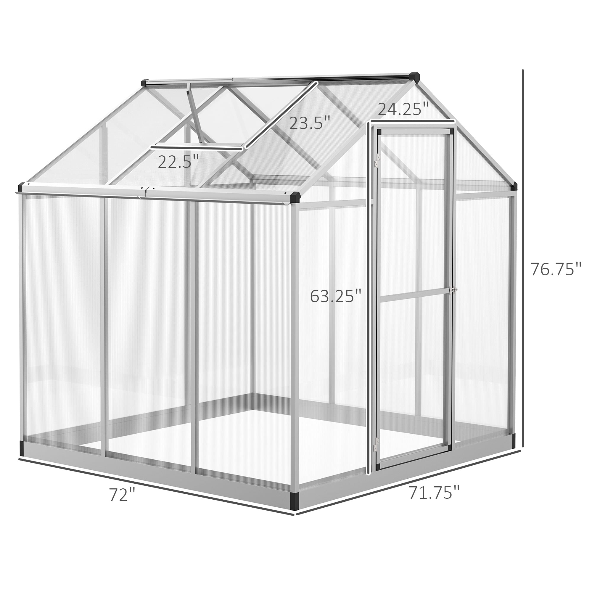 Outsunny 6' L x 6' W Walk-In Polycarbonate Greenhouse with Roof Vent for Ventilation & Rain Gutter, Hobby Greenhouse for Winter