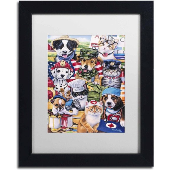 Trademark Fine Art 'Working Paws' Canvas Art by Jenny Newland, White Matte, Black Frame