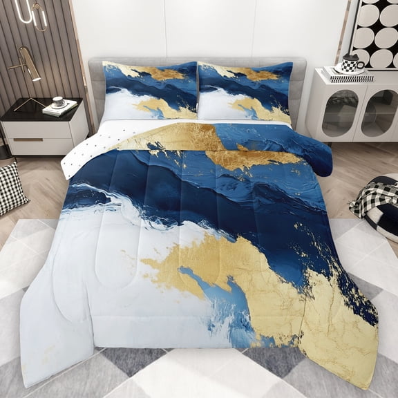 Manfei Modern Marble Pattern Bedding Comforter Set,Fulid Art Twin Comforter Sets,White Gold Blue Bedding Set For Kids,Microfiber Bedroom Decor Reversible,2-Piece