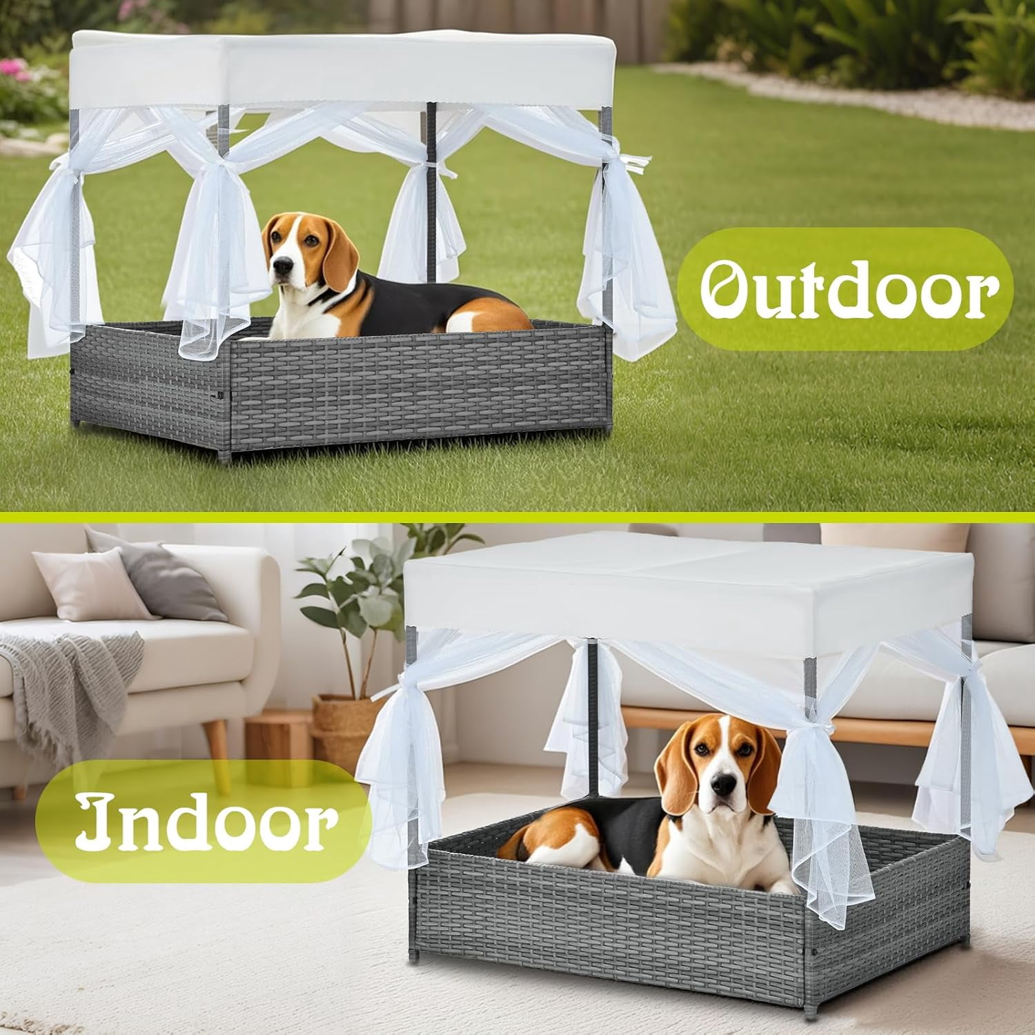 36"Wicker Dog House Outdoor Indoor with Canopy, Weatherproof Outside Dog Shelter Bed with Cushion, 4-Sided Mesh Windows, Pet House Tent Shade for Small Medium Dogs, Rattan Dog Cot for Deck Patio Yard