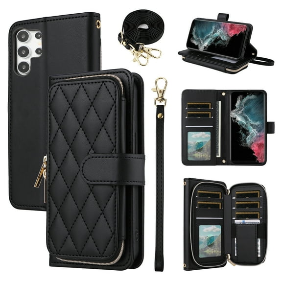 Furiet Wallet Case for Samsung Galaxy S21 Ultra 5G with Wrist Strap, Crossbody Shoulder Strap, 9  Card Slots Zipper Purse, Leather Stand Cell Phone Cover for S21ultra 21S S 21 21ultra G5 Women Black