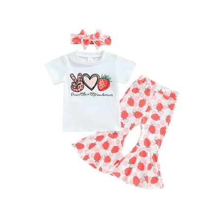 

AMILIEe 6M-4T Toddler Girl Clothes 3Pcs Outfits Strawberry Short Sleeve T-Shirt + Flare Pants + Bow Headband