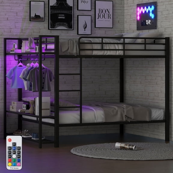 Duxelifin Full Over Full Bunk Bed with Storage Mesh Shelves, Metal Bunk Bed with Clothes Hooks and Light for Adults Teens, Black