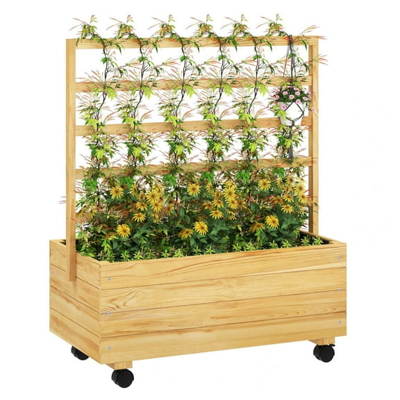 KWUXIN Raised Garden Bed with Trellis and Wheels, Outdoor Planter Wooden Elevated Garden Bed for Garden, Patio, Natural
