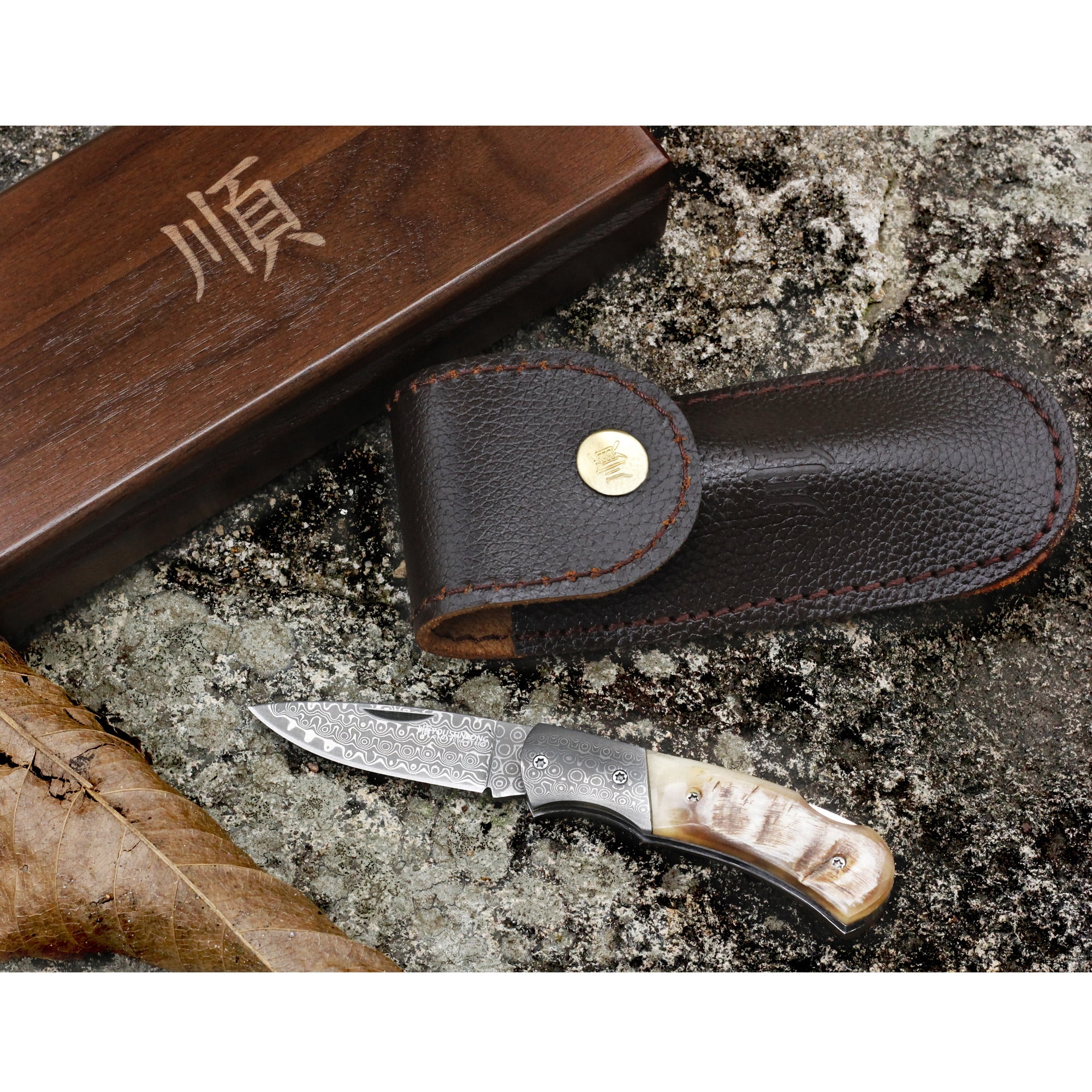 YOUSUNLONG Folding Knife - Camping Knife Overall 140mm Japanese Damascus Steel Antelope Horn Handle